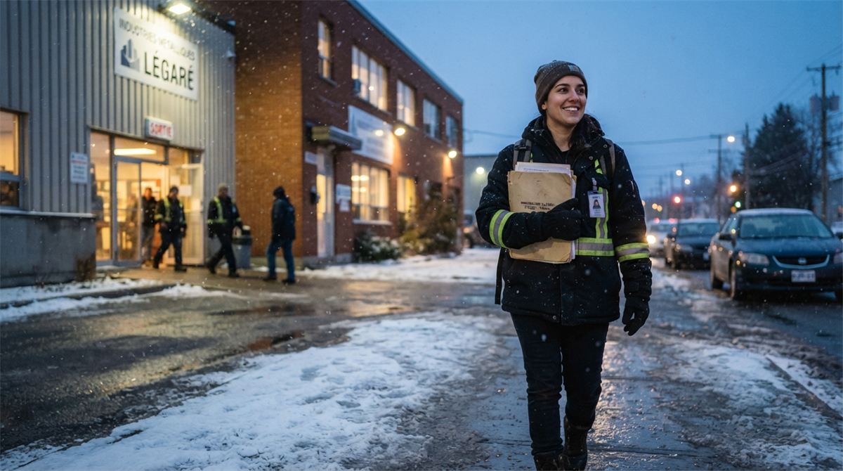 A worker leaves a Quebec workplace at dusk carrying a folder of documents (illustration)