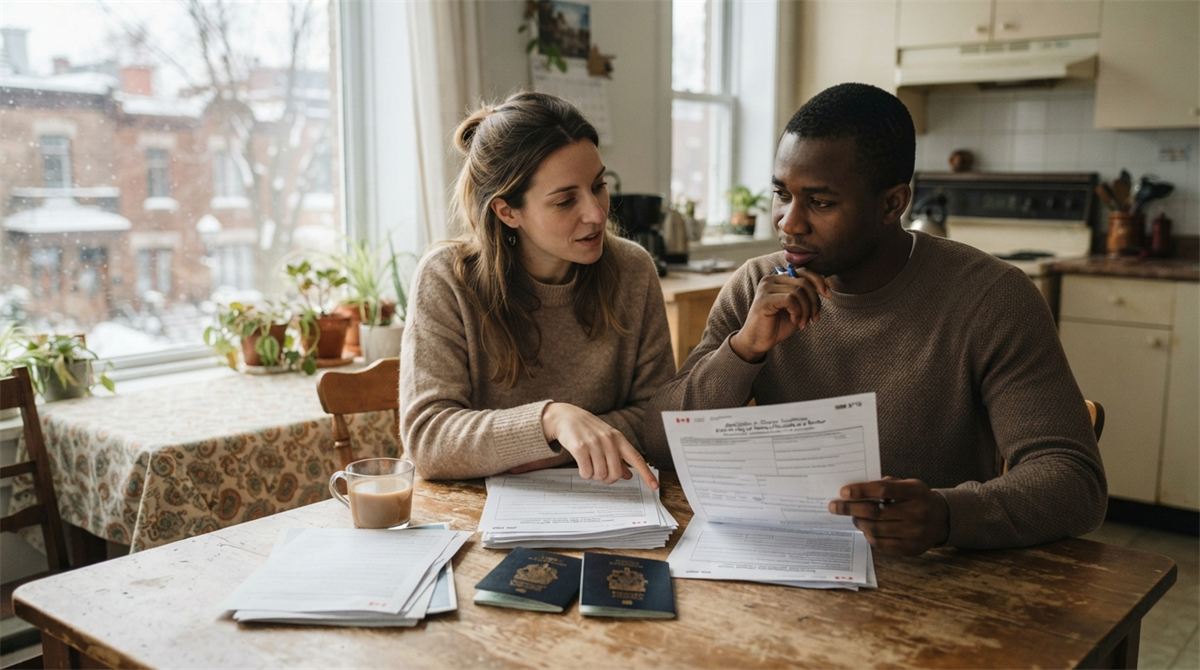 Un couple examine des formulaires d’immigration à côté de deux passeports (illustration)