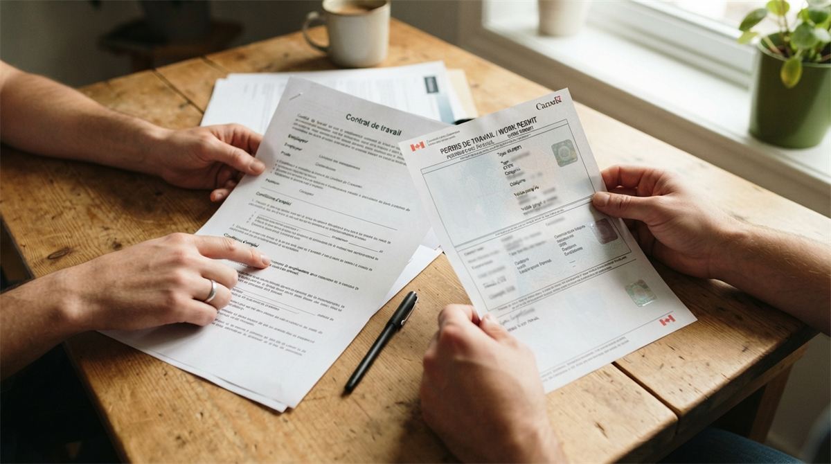 Des mains comparent un contrat de travail et un permis de travail (illustration)