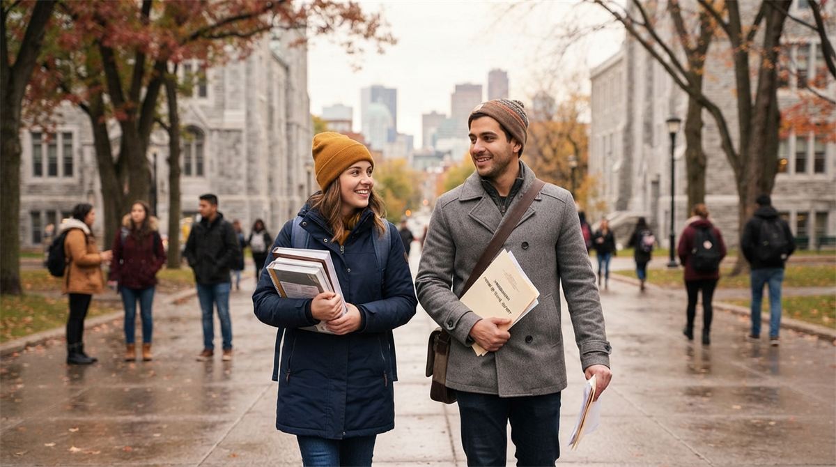 Une étudiante et son conjoint traversent un campus universitaire au Québec (illustration)