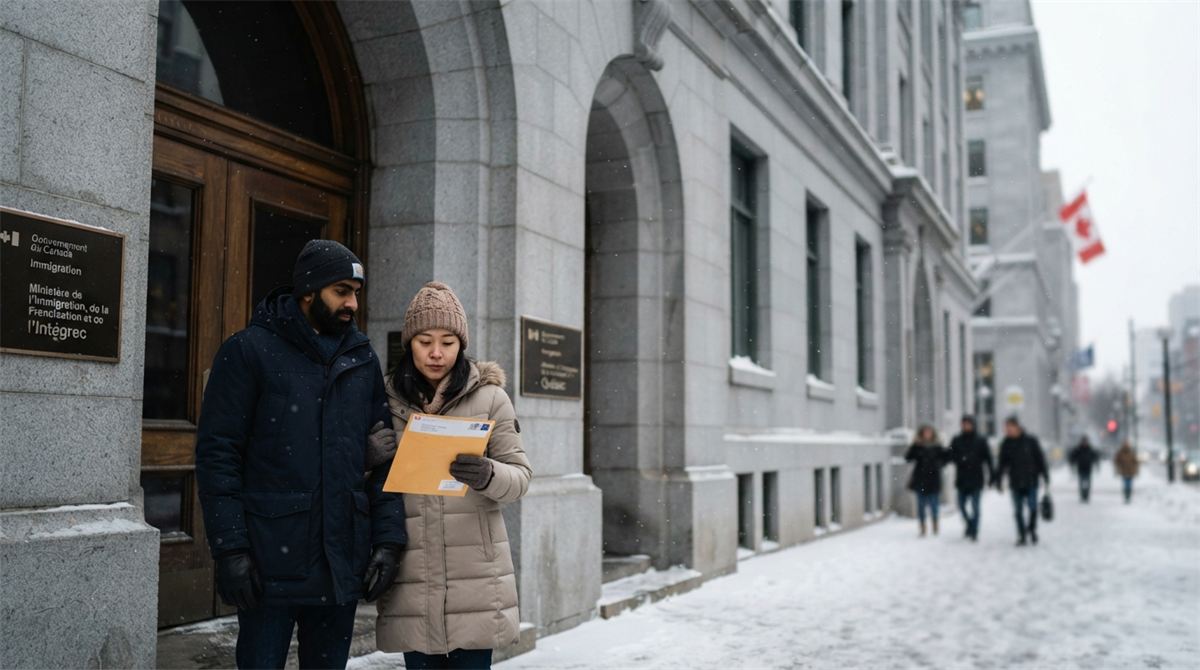 Un couple attend devant un édifice gouvernemental en hiver (illustration)