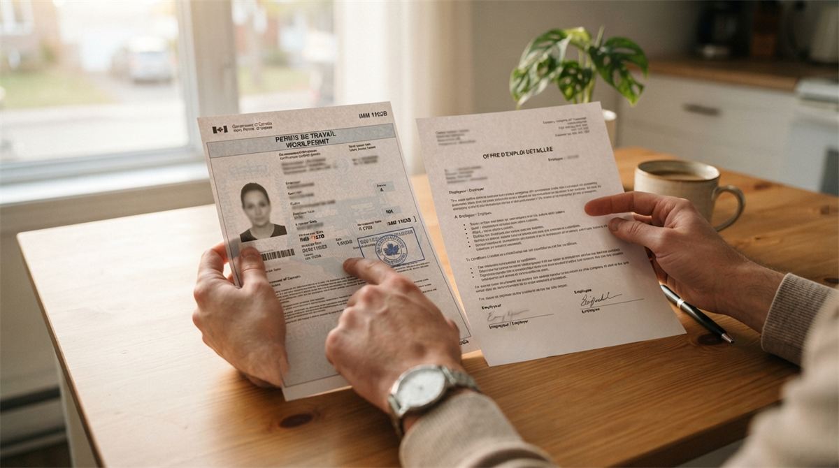 Des mains comparent un permis de travail et une offre d’emploi sur une table de cuisine (illustration)