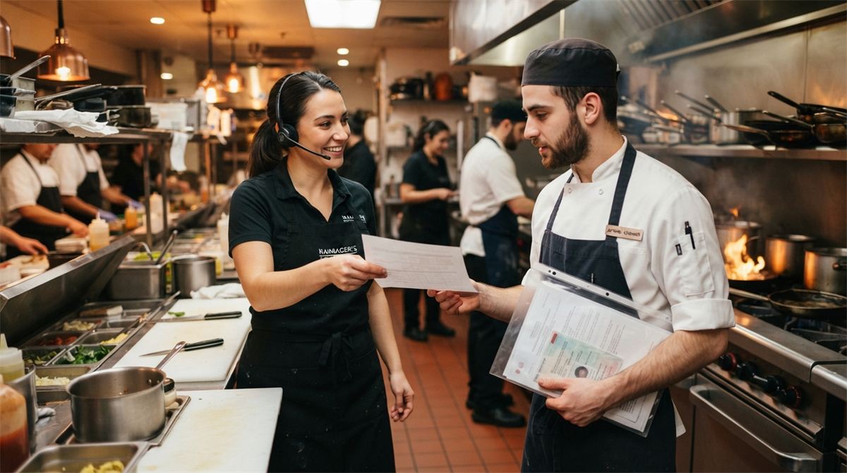 Une gérante remet un horaire à un cuisinier dans une cuisine de restaurant (illustration)