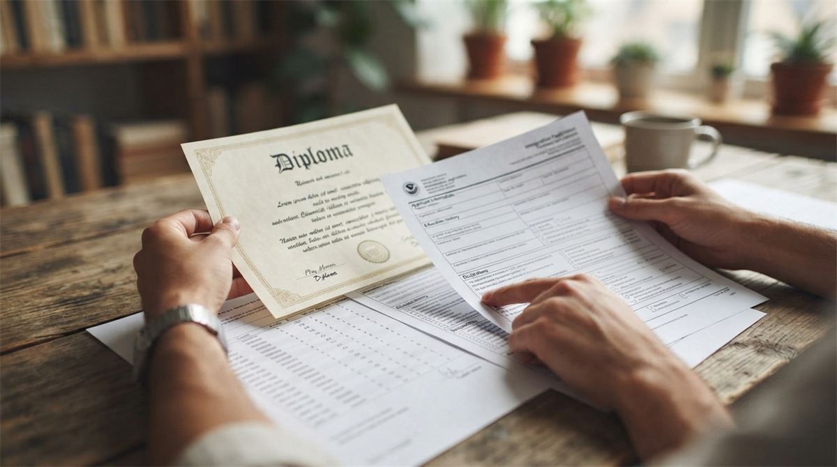 Des mains comparent un diplôme, un relevé de notes et des formulaires d’immigration (illustration)