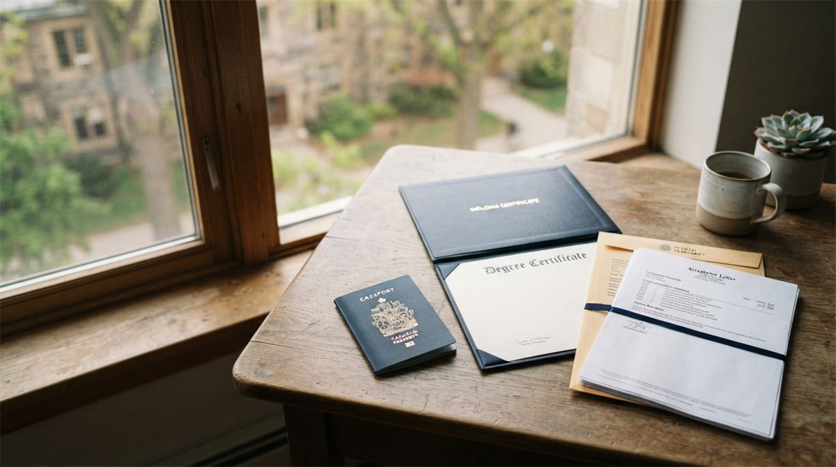 Un passeport, un diplôme et des documents d’études près d’une fenêtre (illustration)