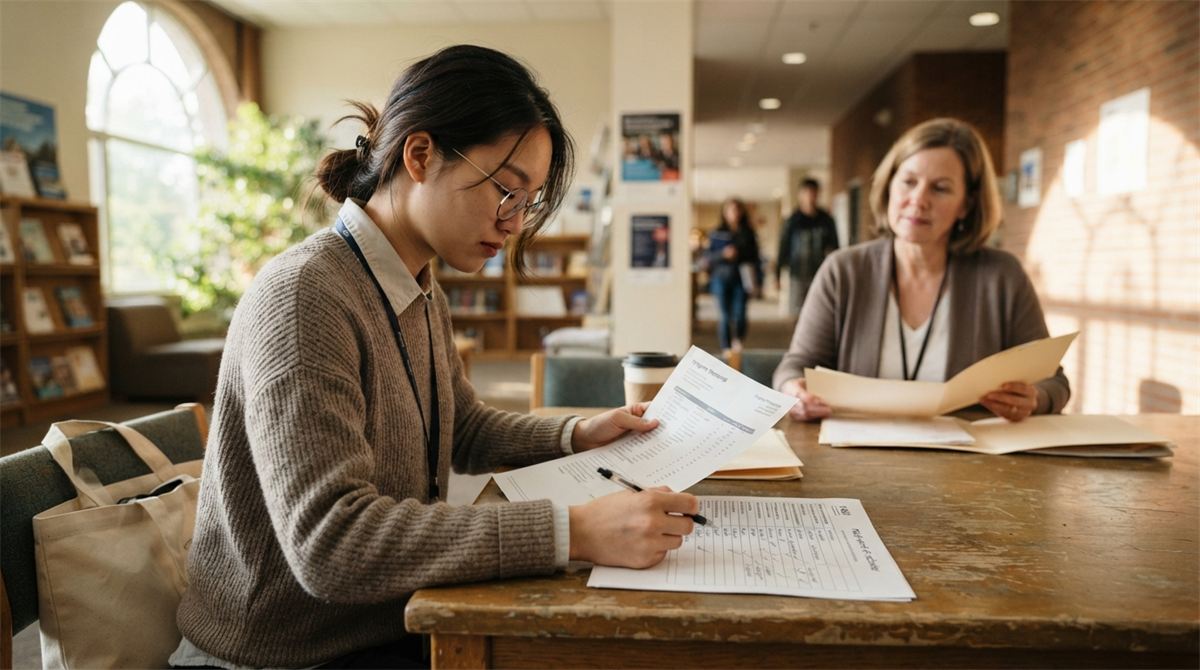 A recent graduate compares a transcript with a field-of-study checklist (illustration)