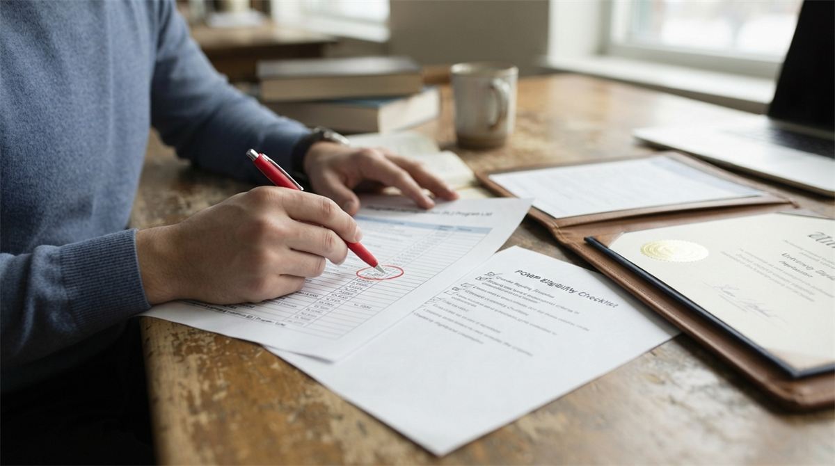 Hands circle a program classification code beside a checklist and diploma (illustration)