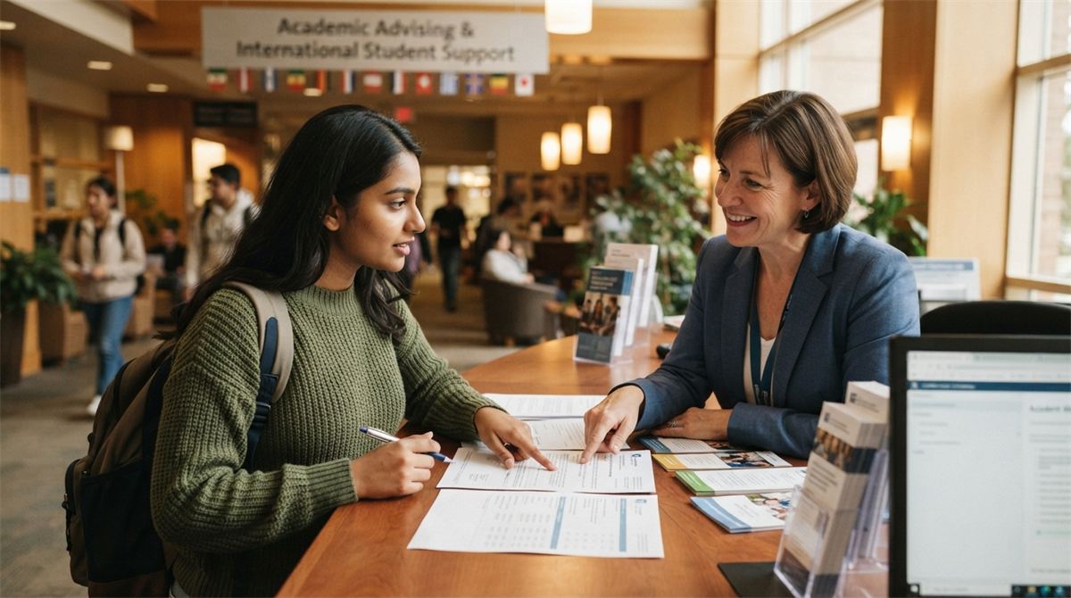 An international graduate discusses program documents with an advisor (illustration)
