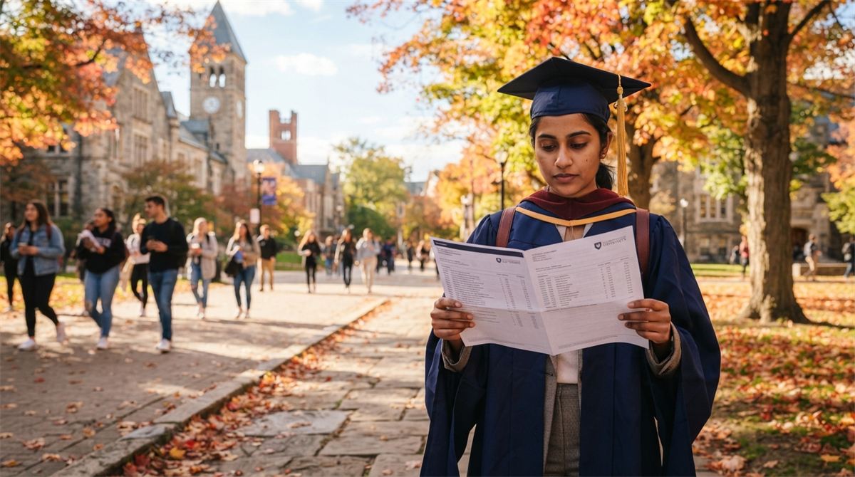 A graduate in cap and gown checks a transcript on a campus walkway (illustration)