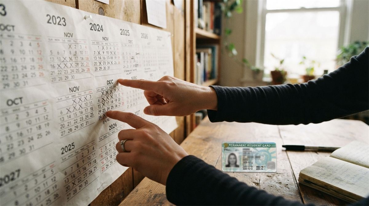Hands counting marked days on a five-year calendar beside a permanent resident card (illustration)