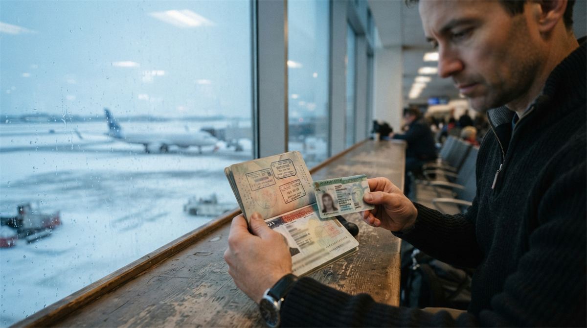 A traveller checks passport stamps beside a permanent resident card at an airport window (illustration)