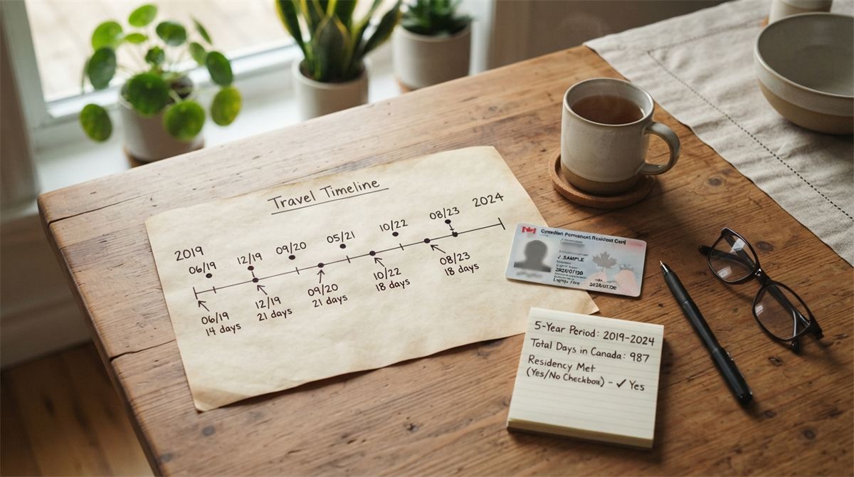 A handwritten travel timeline and date notes beside a permanent resident card (illustration)