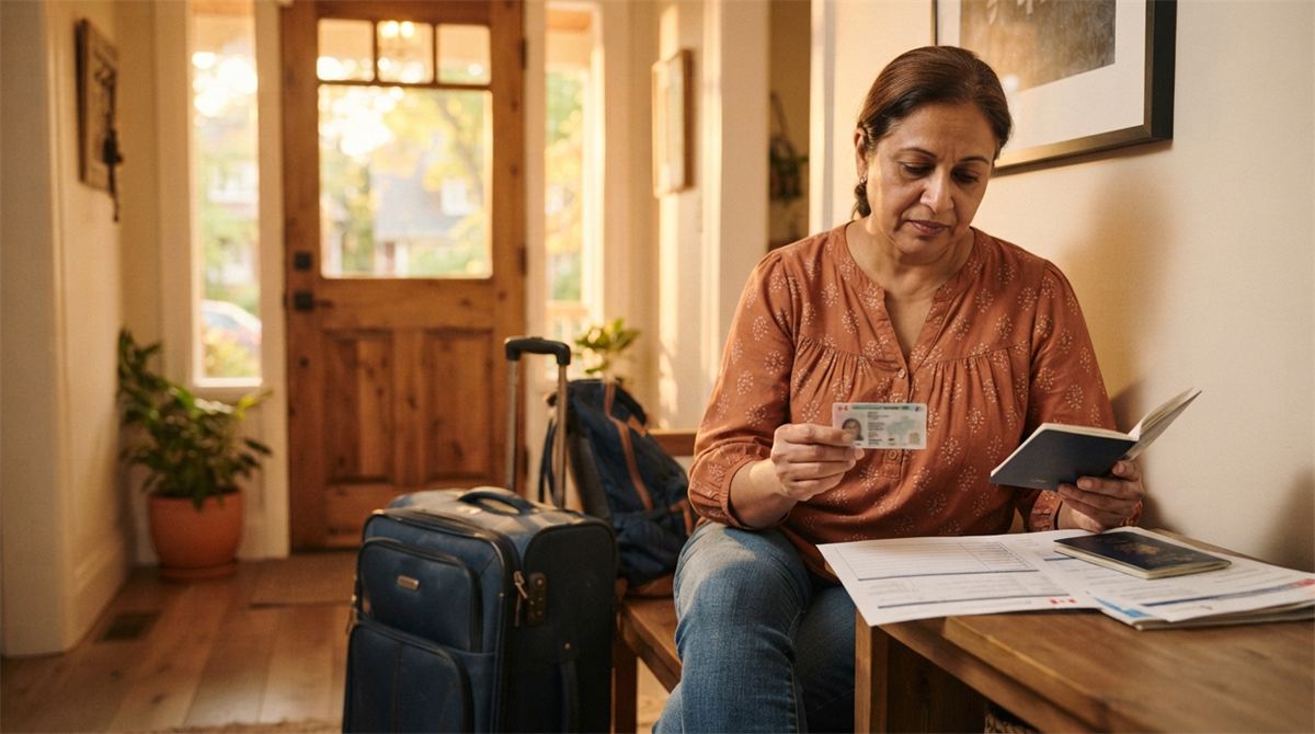 A permanent resident reviews travel documents beside a packed suitcase (illustration)