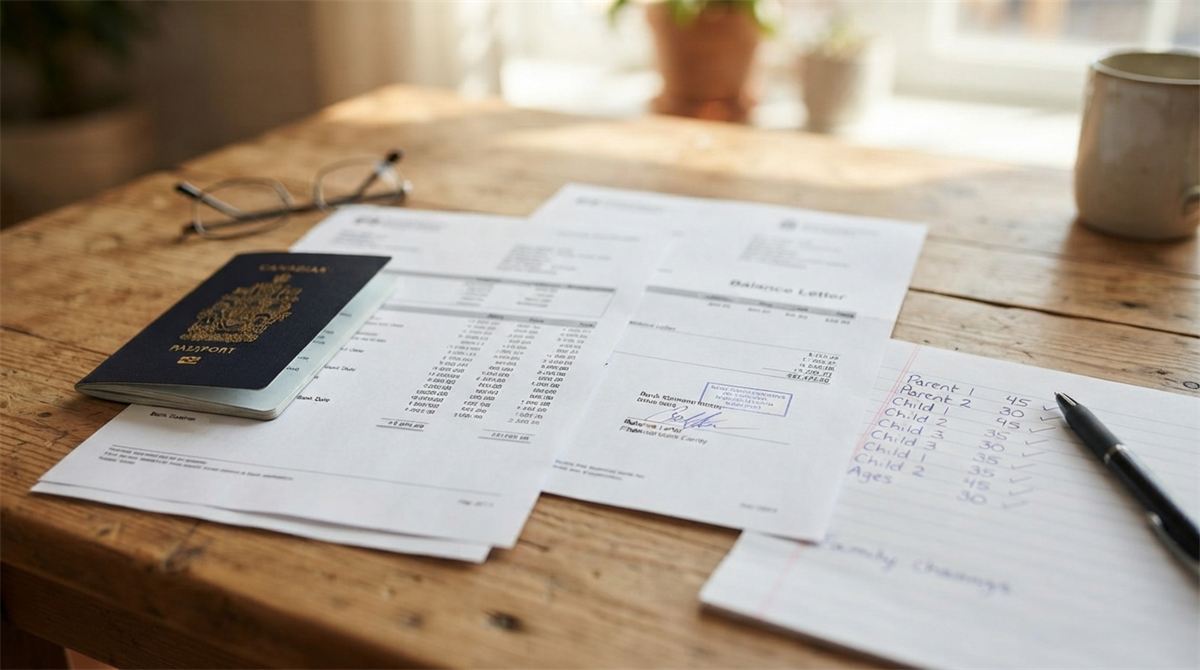Des relevés bancaires, une lettre de solde et un passeport à côté d’une liste des membres de la famille (illustration)