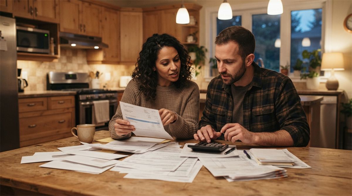 Un couple trie ses relevés bancaires dans une cuisine (illustration)