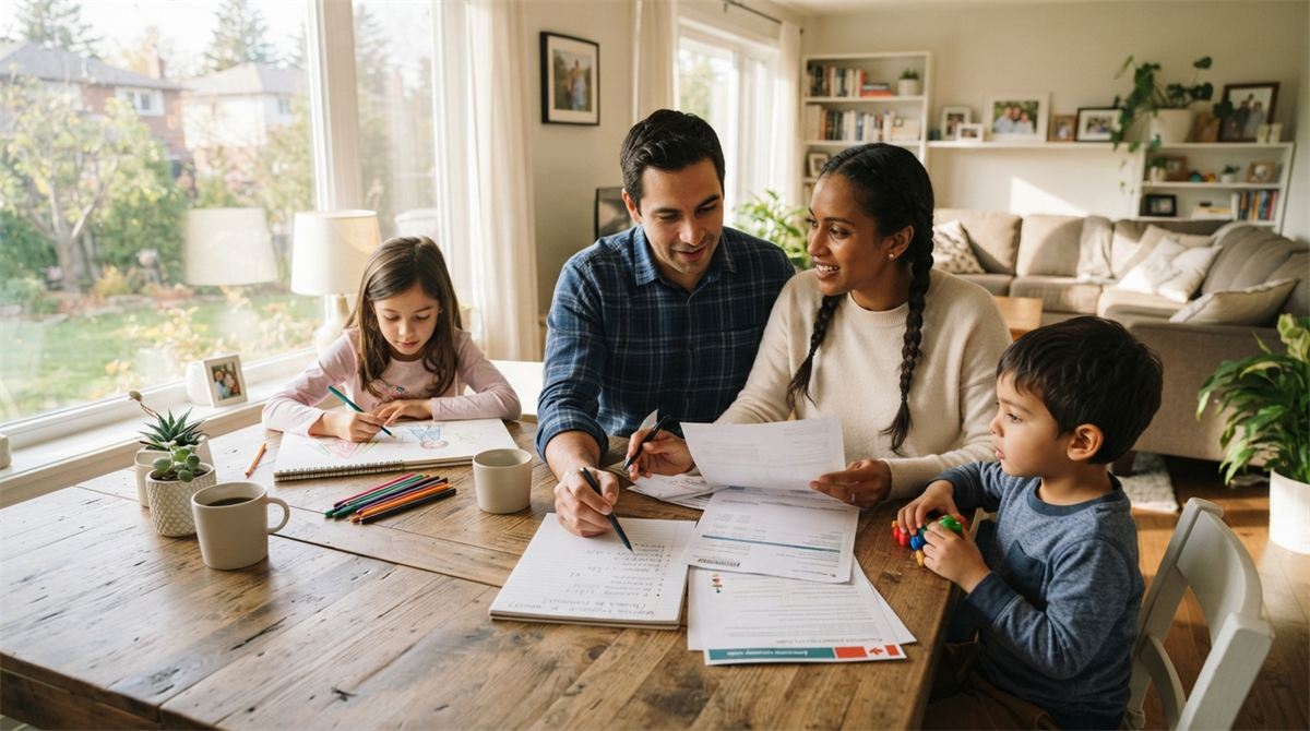 Une famille compare une liste de montants requis à ses documents bancaires (illustration)