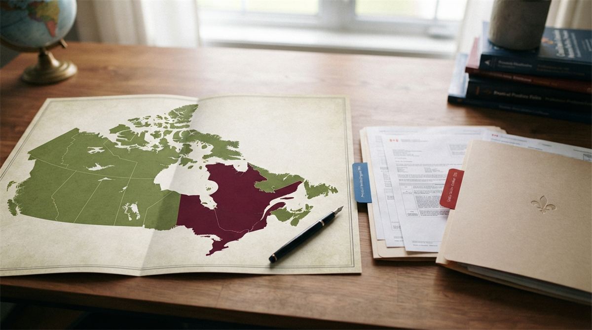 Une carte du Canada où le Québec est mis en évidence, à côté de deux dossiers de demande (illustration)