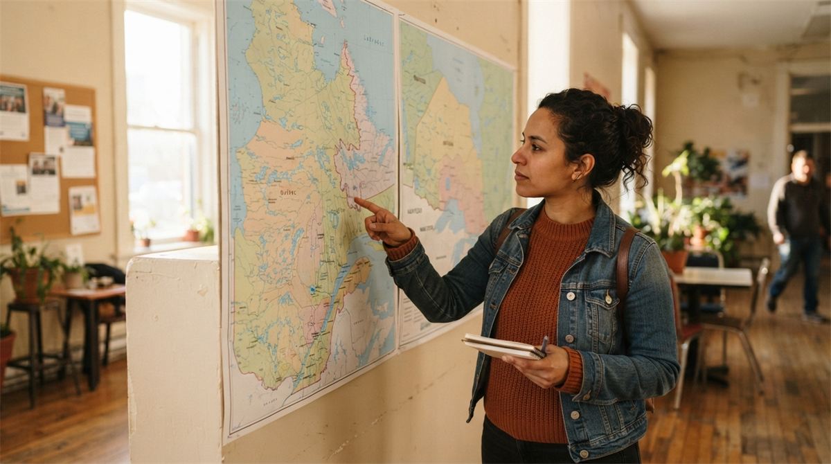 Un nouvel arrivant étudie une grande carte du Québec et des provinces (illustration)