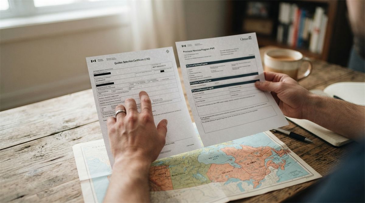 Des mains comparent un document de sélection du Québec et un formulaire de désignation provinciale (illustration)