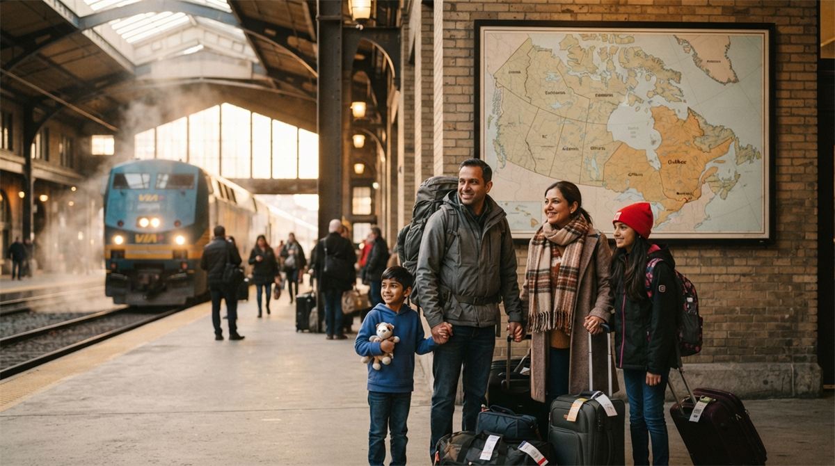 Une famille sur un quai de gare, devant une carte du Québec et des autres provinces (illustration)
