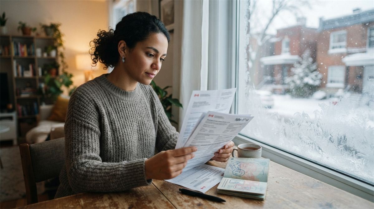 Nouvel arrivant qui relit ses papiers de permis près d’une fenêtre givrée (illustration)