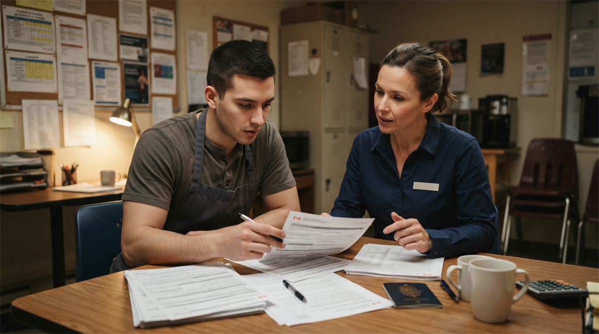 Employée de restaurant qui relit ses papiers de demande avec son gérant après le service (illustration)