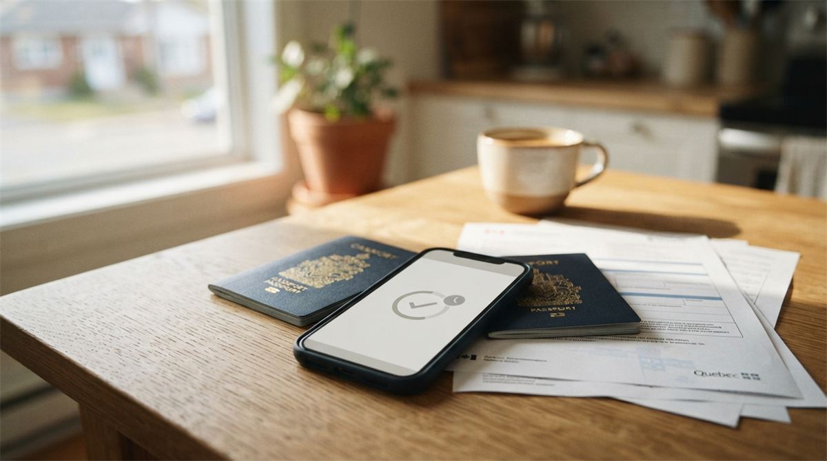 Un téléphone affiche une déclaration déposée, près d’un passeport et de documents (illustration)