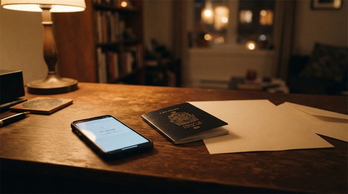 Un passeport fermé repose près d’une lampe dans un appartement le soir (illustration)