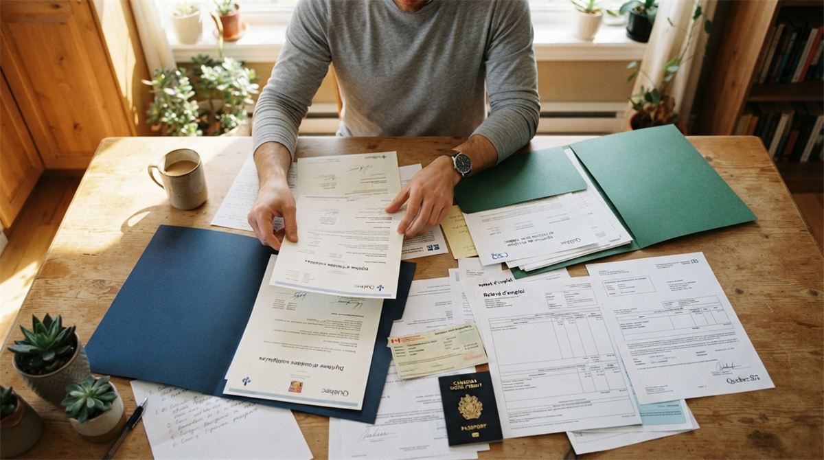 A person sorts Québec diplomas and employment records into two folders (illustration)