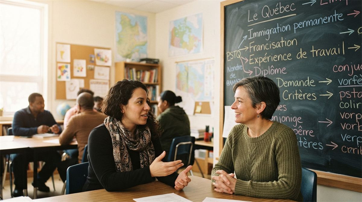 An adult newcomer practises spoken French with an instructor (illustration)