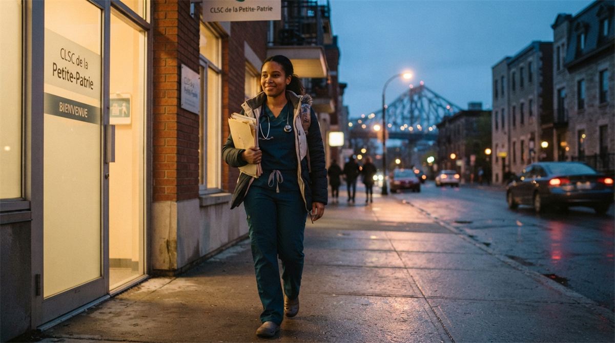 A healthcare worker leaves a Montréal clinic at dusk with a folder of credentials (illustration)