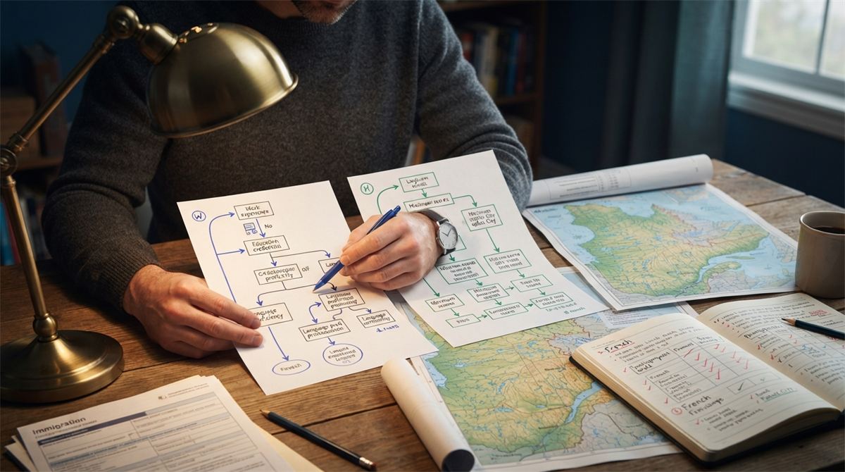 Hands compare two pathway flowcharts beside a Québec map and language-test notes (illustration)