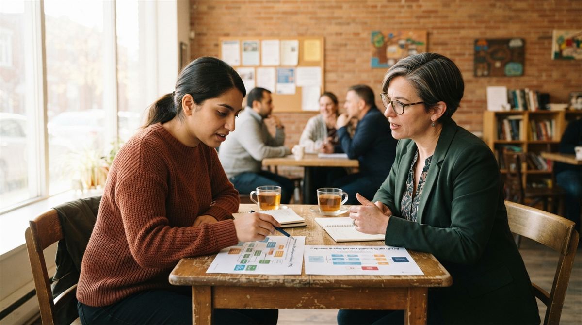 Une candidate et une conseillère comparent deux parcours d’immigration à une table de café (illustration)