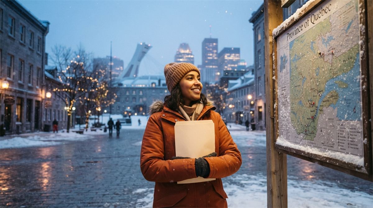 Nouvel arrivant sur une place enneigée de Montréal, un dossier à la main (illustration)