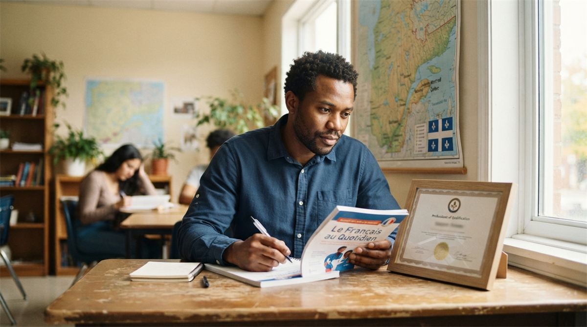 Skilled worker studying a French workbook in a community classroom (illustration)