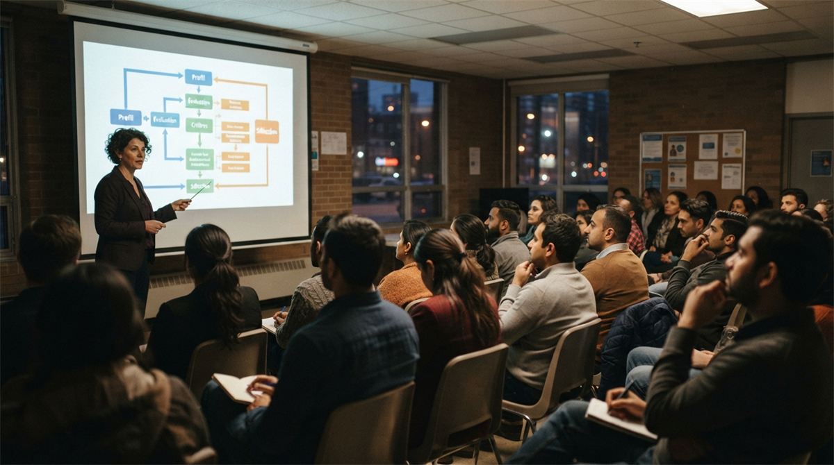 Counsellor pointing to a selection flowchart at an evening information session (illustration)