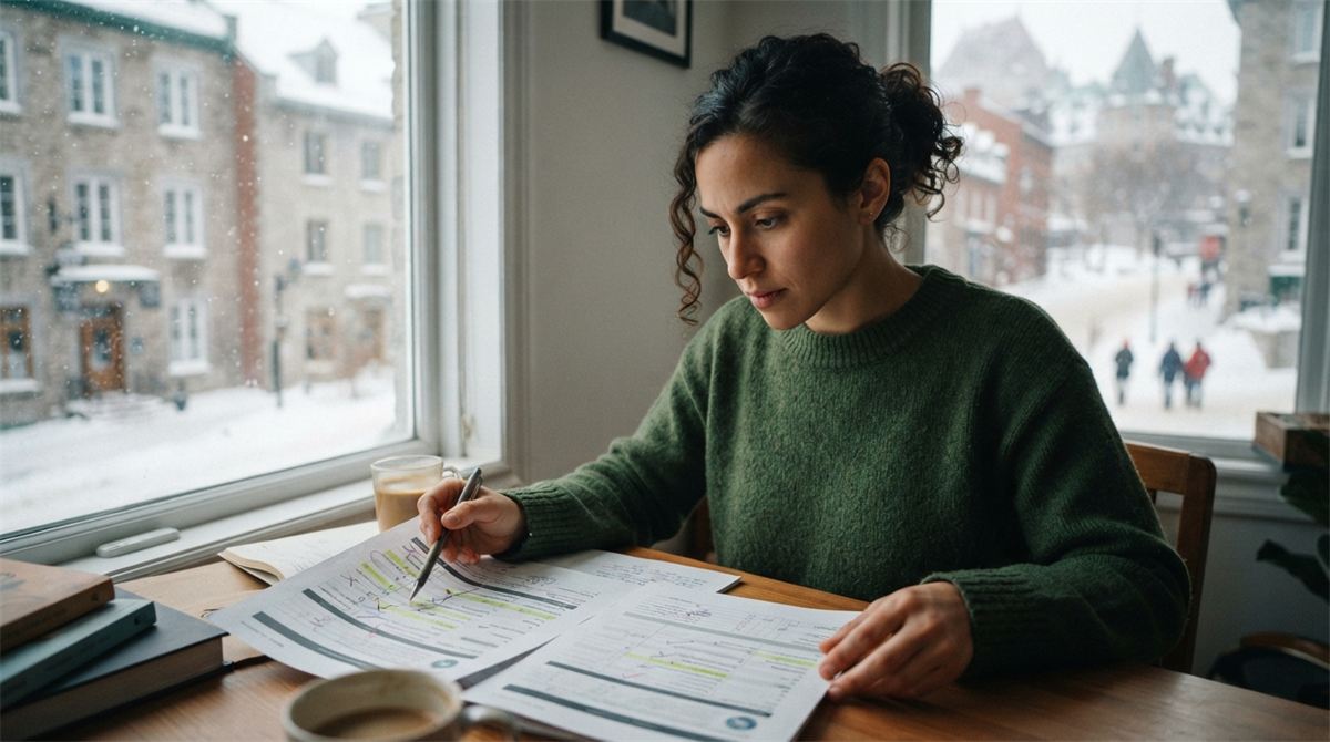 Candidate comparing two profile sheets by a window overlooking a snowy city (illustration)