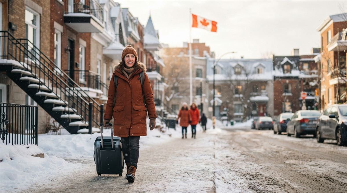 Une voyageuse tire sa valise dans une rue enneigée de Montréal (illustration)