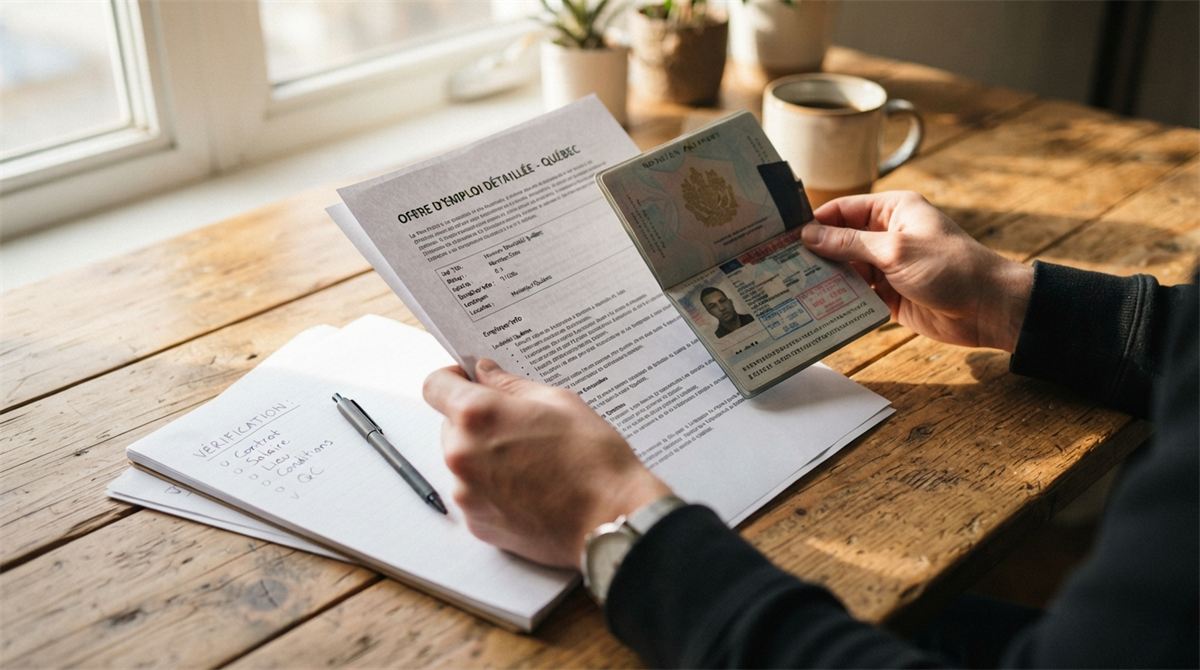 Hands comparing a French-language job offer with a passport and checklist (illustration)