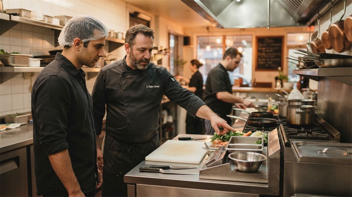 A foreign worker tours a restaurant kitchen as the manager points out the workstation (illustration)