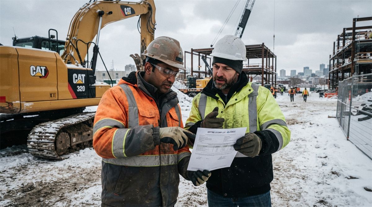 A worker and site supervisor review a printed job description at a snowy job site (illustration)