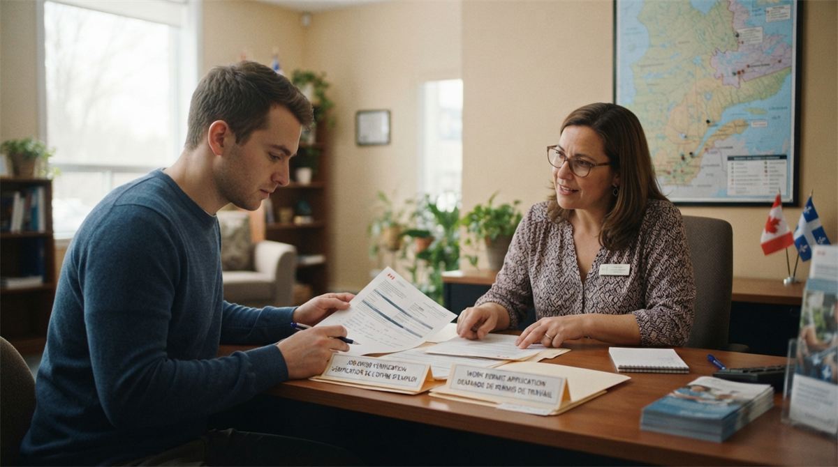 A worker compares two labelled immigration folders beside a map of Quebec (illustration)
