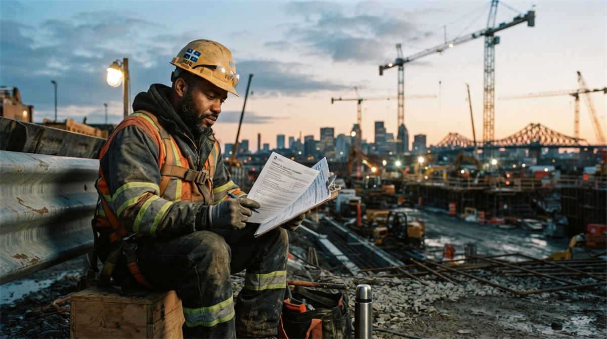 A construction worker reviews forms on a Montreal work site at dusk (illustration)