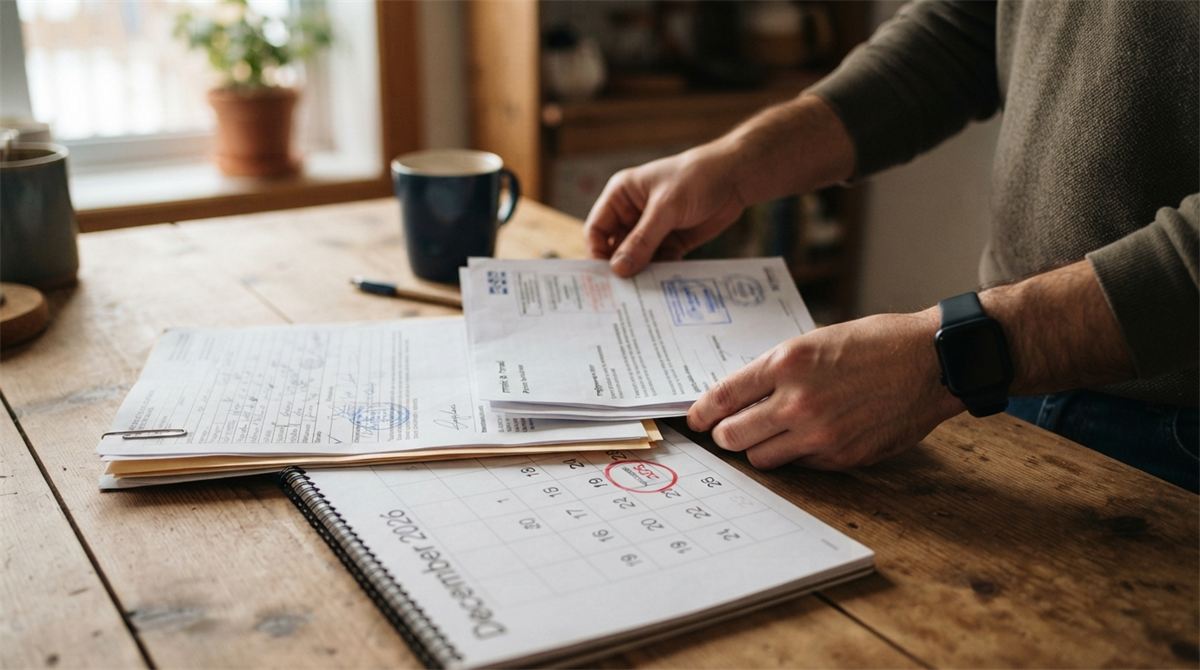 Hands arranging a work permit, an employment letter and application papers beside a calendar (illustration)