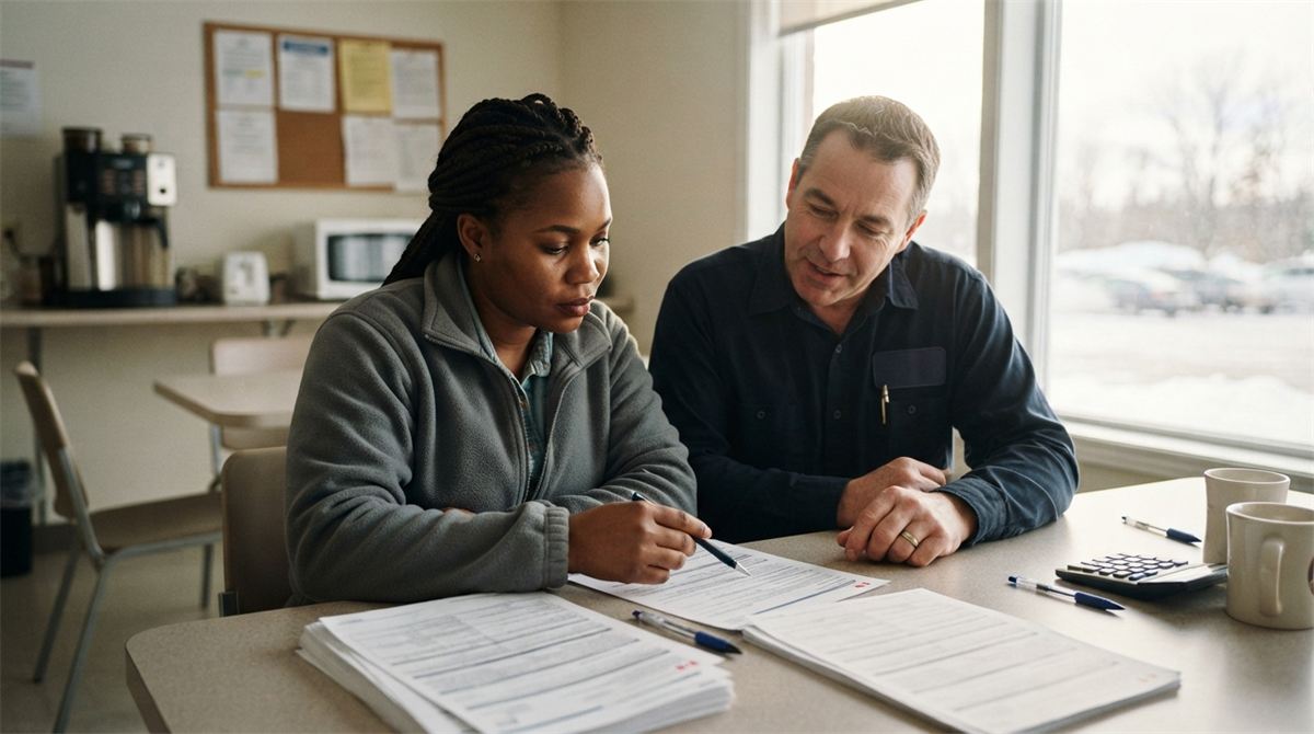 A temporary worker and an employer discuss documents in a break room (illustration)
