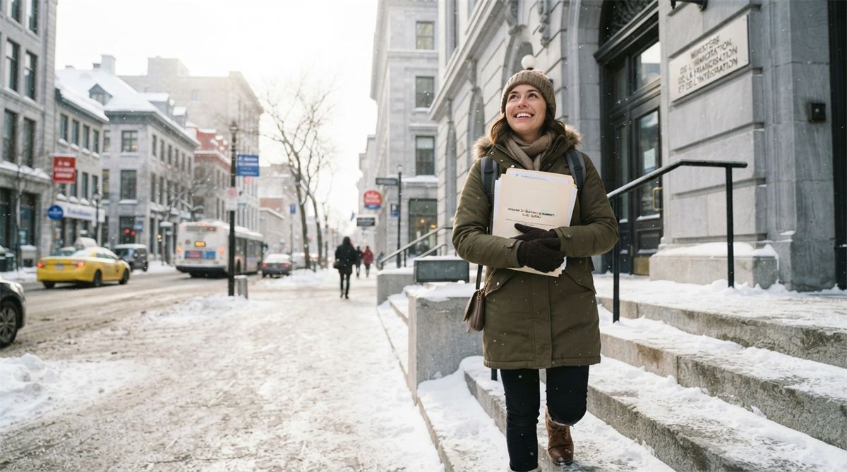 A woman carrying document folders walks past a government building on a snowy street (illustration)