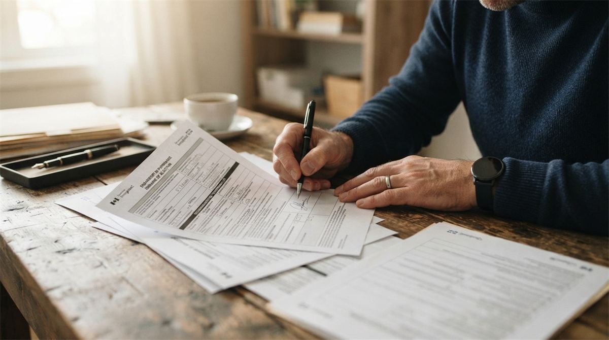 A sponsor signs a French-language undertaking beside supporting papers (illustration)