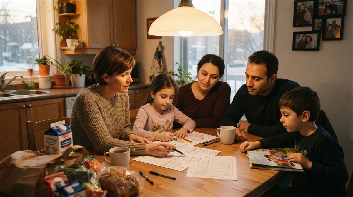 A sponsor and newcomer family review a household budget around a kitchen table (illustration)
