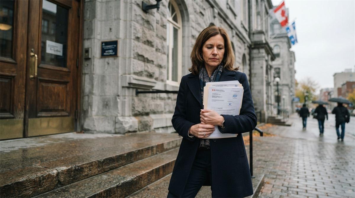 A sponsor holds a folder of documents outside a stone government building (illustration)