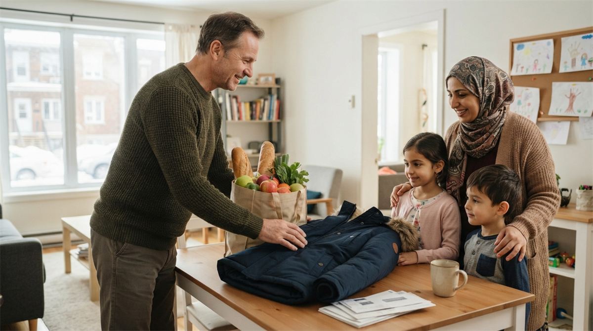 A sponsor places groceries and a winter coat on a newcomer family’s table (illustration)